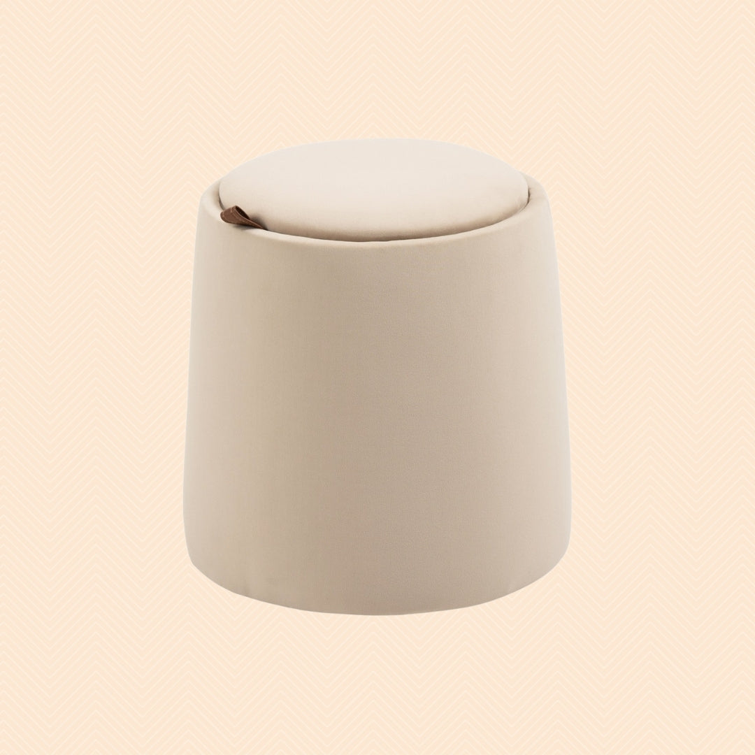 2-in-1 Hocker Beige Samtoptik – Runder Sitzhocker mit Stauraum und Tablett-Deckel