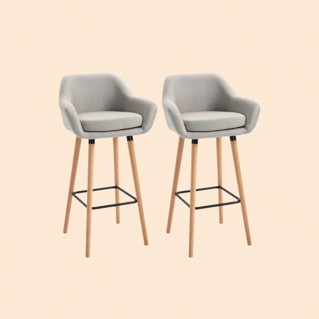 2er-Set Barhocker Beige – Gepolstert, mit Rückenlehne & Armlehnen, Massivholz (Sitzhöhe 80 cm)