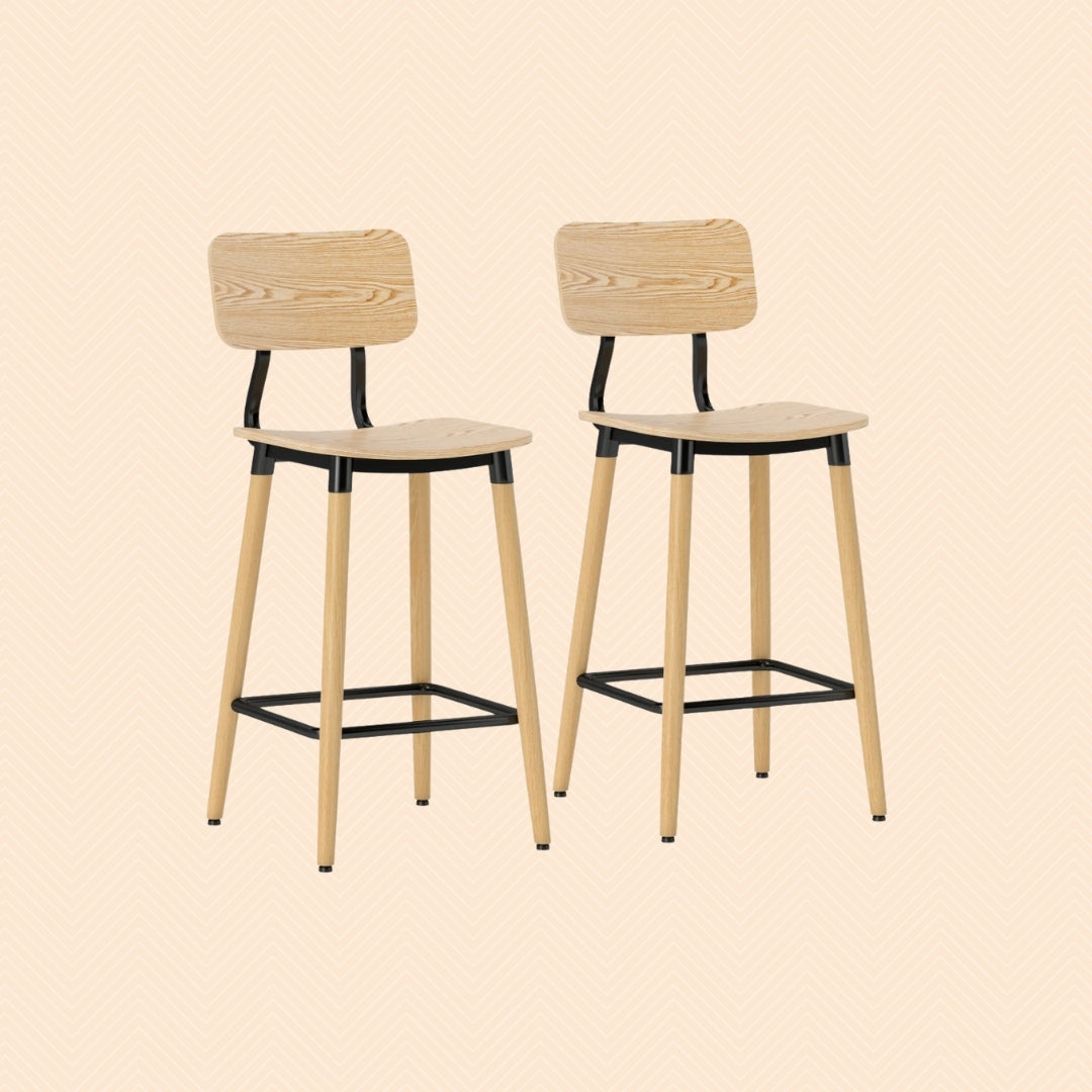 2er Barhocker Set Hellbraun – Holzoptik, Stahlrahmen Schwarz, mit Rückenlehne (Sitzhöhe 65 cm)