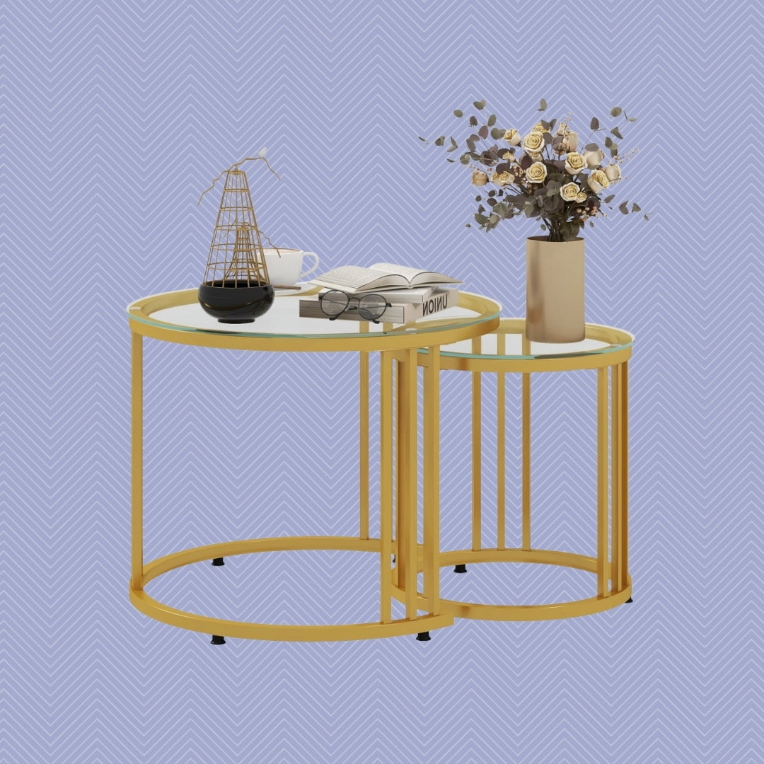 2er Beistelltisch-Set Rund Gold – Art-Déco-Satztische mit Hartglasplatte (Ø60/Ø40 cm)