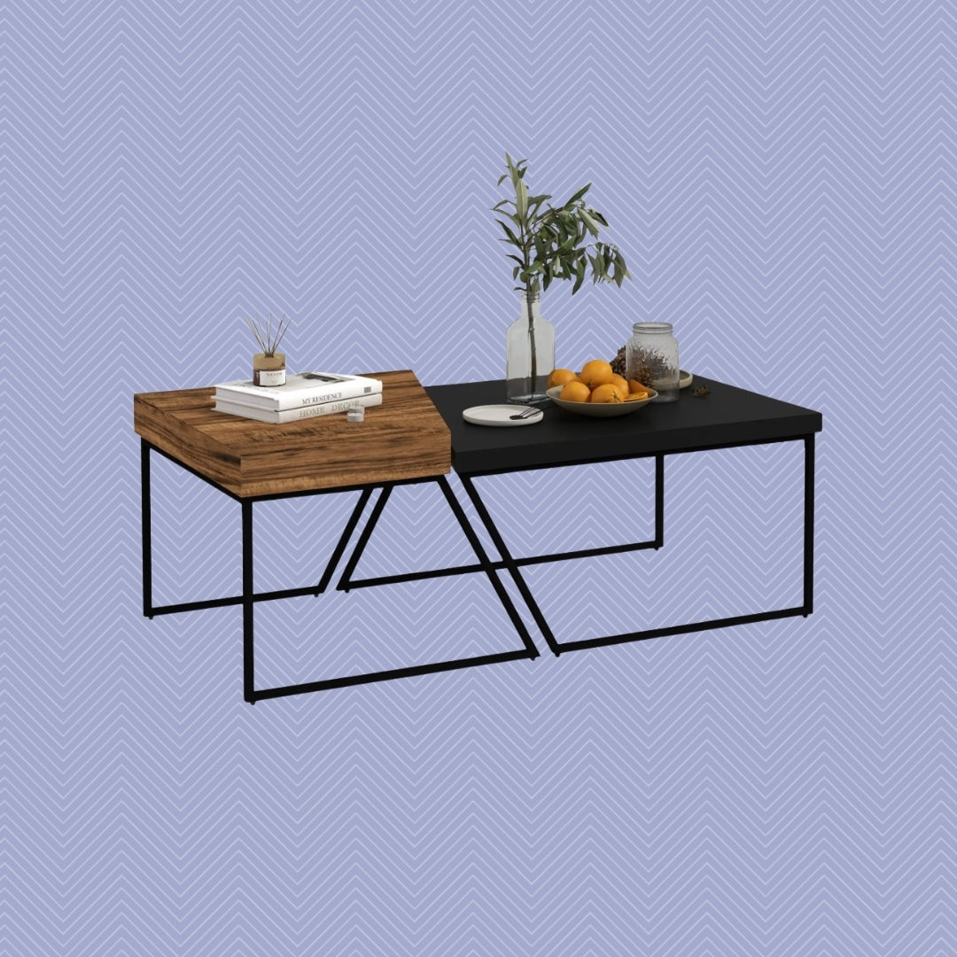 2er Couchtisch-Set Industrial – Holzoptik & Stahlrahmen, Rustikal Braun/Schwarz