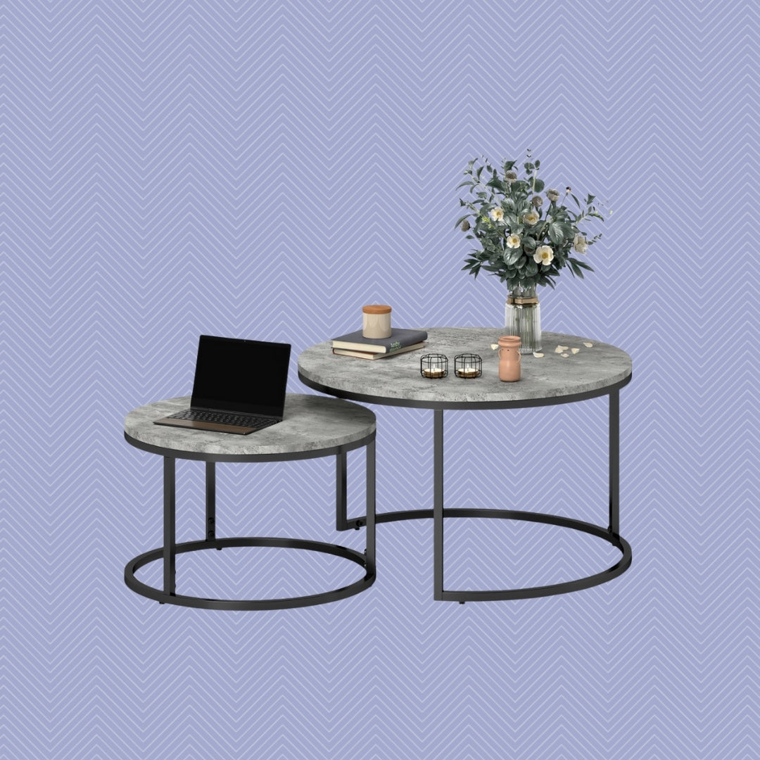 2er Couchtisch-Set Rund Grau – Zement-Optik Satztische im Industriedesign (Ø78/Ø59 cm)