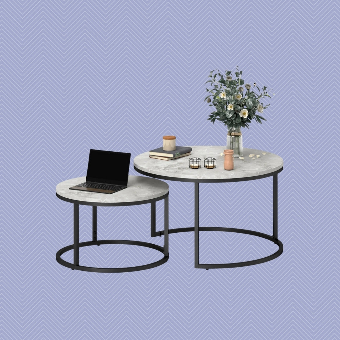 2er Couchtisch-Set Rund Hellgrau – Beton-Optik Satztische im Industriedesign (Ø78/Ø59 cm)