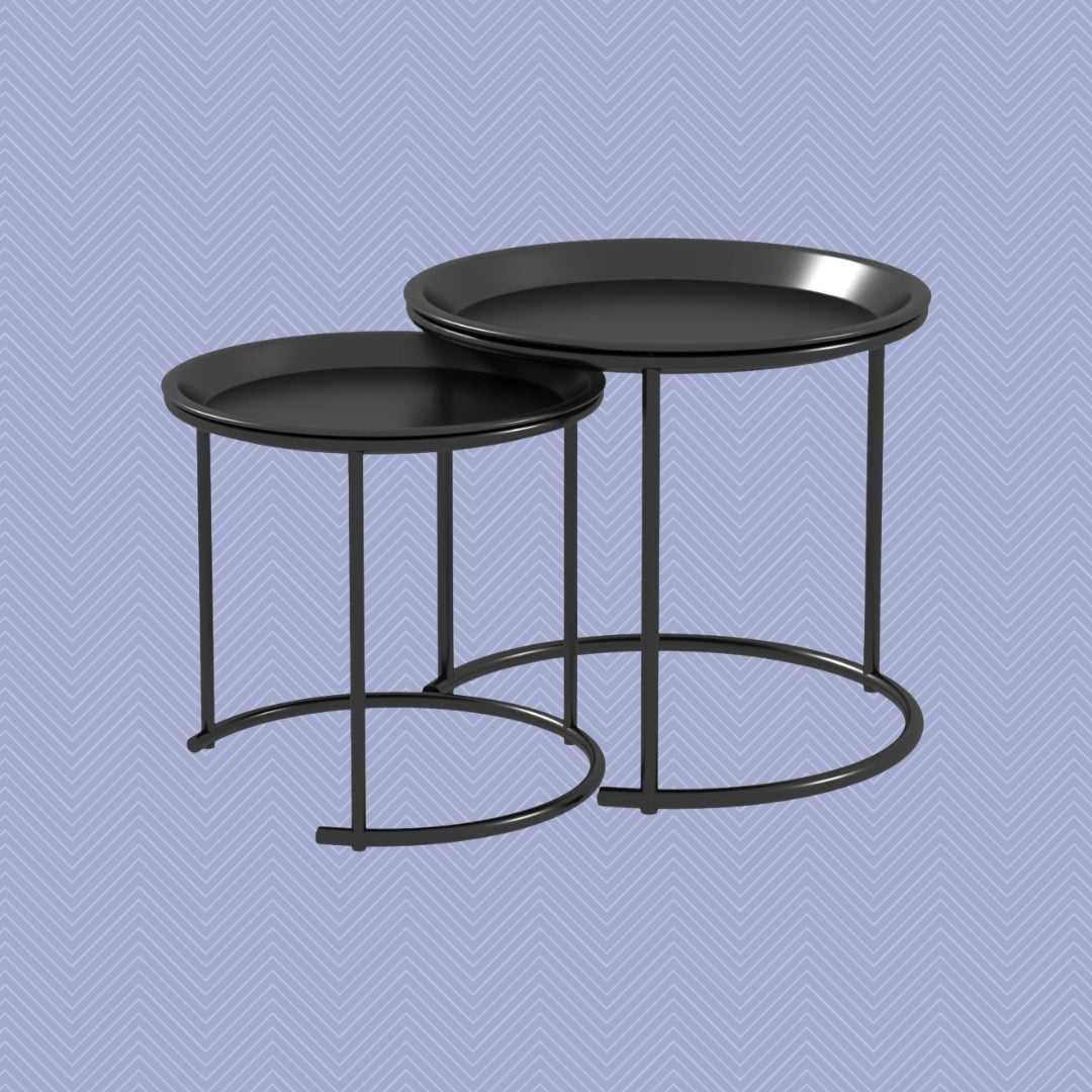 2er Satztisch-Set Schwarz Metall – Abnehmbare Platten als Tablett (Ø43/Ø35 cm)