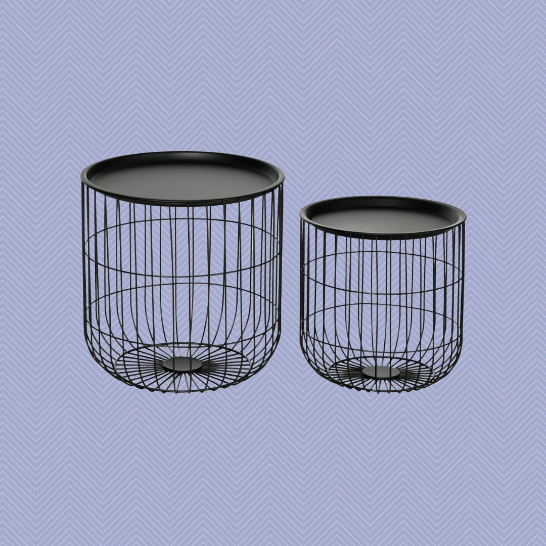 2er Satztisch-Set Skandidesign Schwarz – Beistelltische mit Stauraum/Korb (Ø40/Ø35 cm)