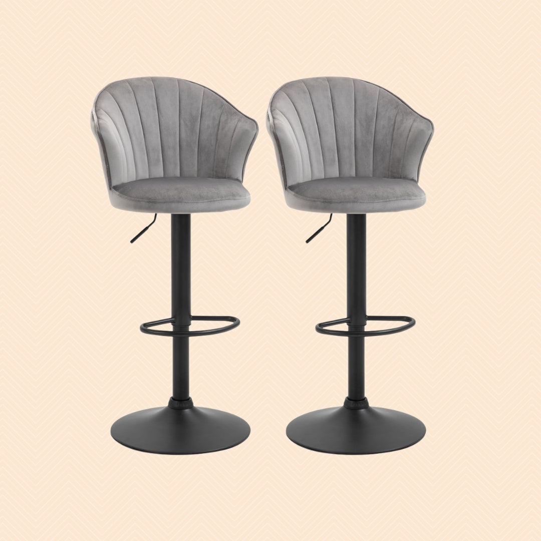 2er Barhocker Set Grau – Samt-Optik, Höhenverstellbar & 360° Drehbar, Diamanttufting
