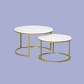 2er Beistelltisch-Set Weiß Marmor-Optik – Runde Satztische (Ø74/Ø59 cm) mit Gold-Stahlrahmen