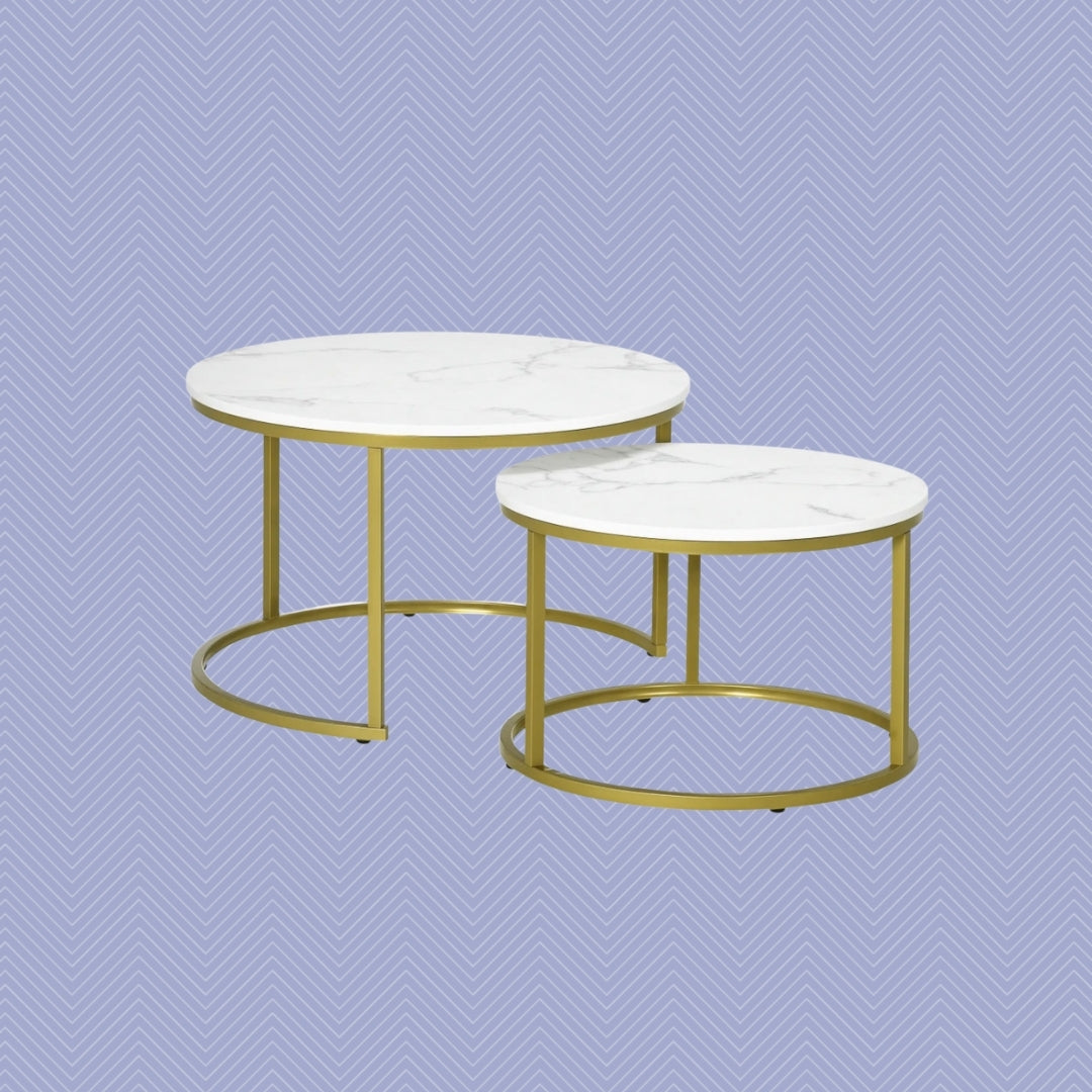2er Beistelltisch-Set Weiß Marmor-Optik – Runde Satztische (Ø74/Ø59 cm) mit Gold-Stahlrahmen