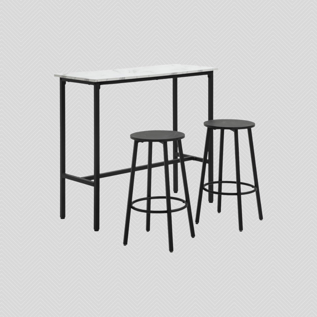 3-teiliges Bar-Set für 2 Personen – Weißer Marmoroptik Tisch (100x40 cm) & 2 Hocker