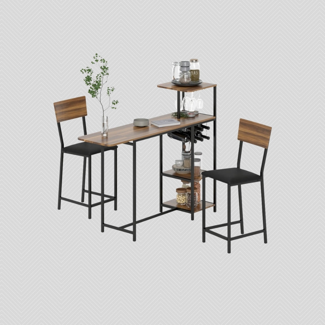 3-teiliges Bartisch-Set Ausziehbar – Tresen mit Weinregal & 2 Gepolsterten Stühlen, Braun