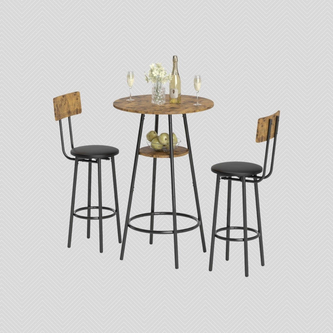 3-teiliges Bartisch-Set Industrial – 2 Gepolsterte Hocker mit Lehne & 2-stufiger Tisch