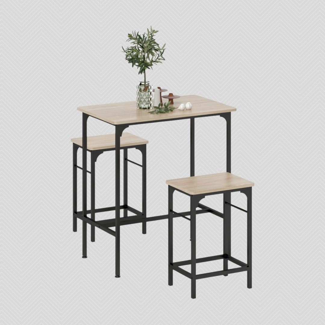3-teiliges Bartisch-Set Industrial Naturholz – Stehtisch (80x50 cm) mit 2 Hockern, Platzsparend
