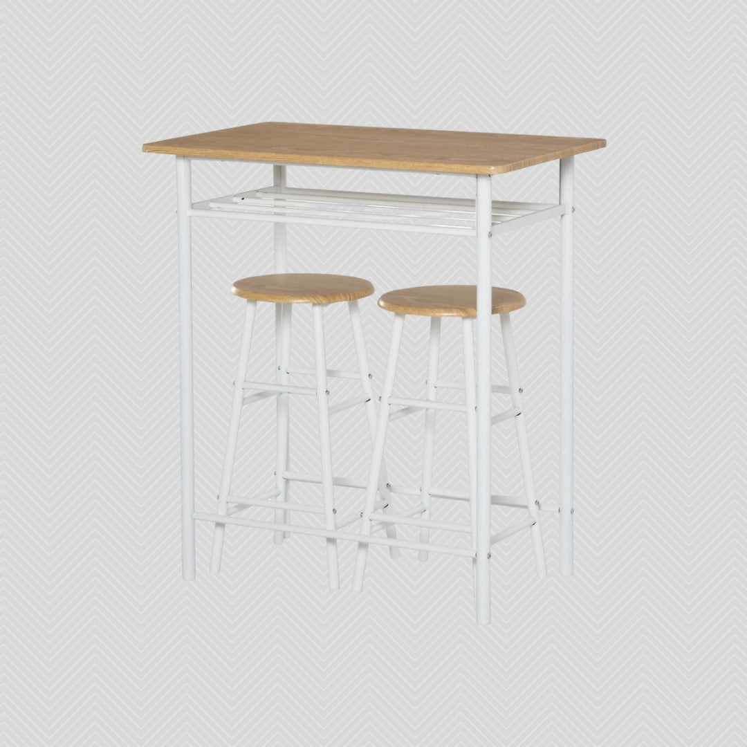 3-teiliges Bartisch-Set Weiß/Eiche – Küchentisch (80x50 cm) mit Lagerregal & 2 Barhockern