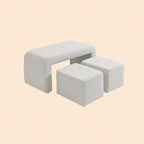 3-teiliges Fußhocker-Set Creme (89 cm) – Platzsparende Sitzbank mit 2 Hockern und Knopfheftung