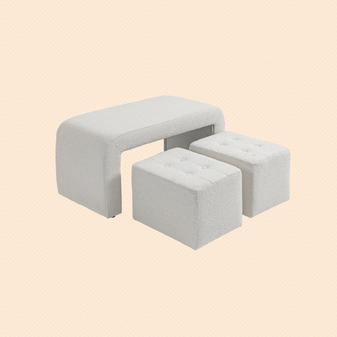 3-teiliges Fußhocker-Set Creme (89 cm) – Platzsparende Sitzbank mit 2 Hockern und Knopfheftung