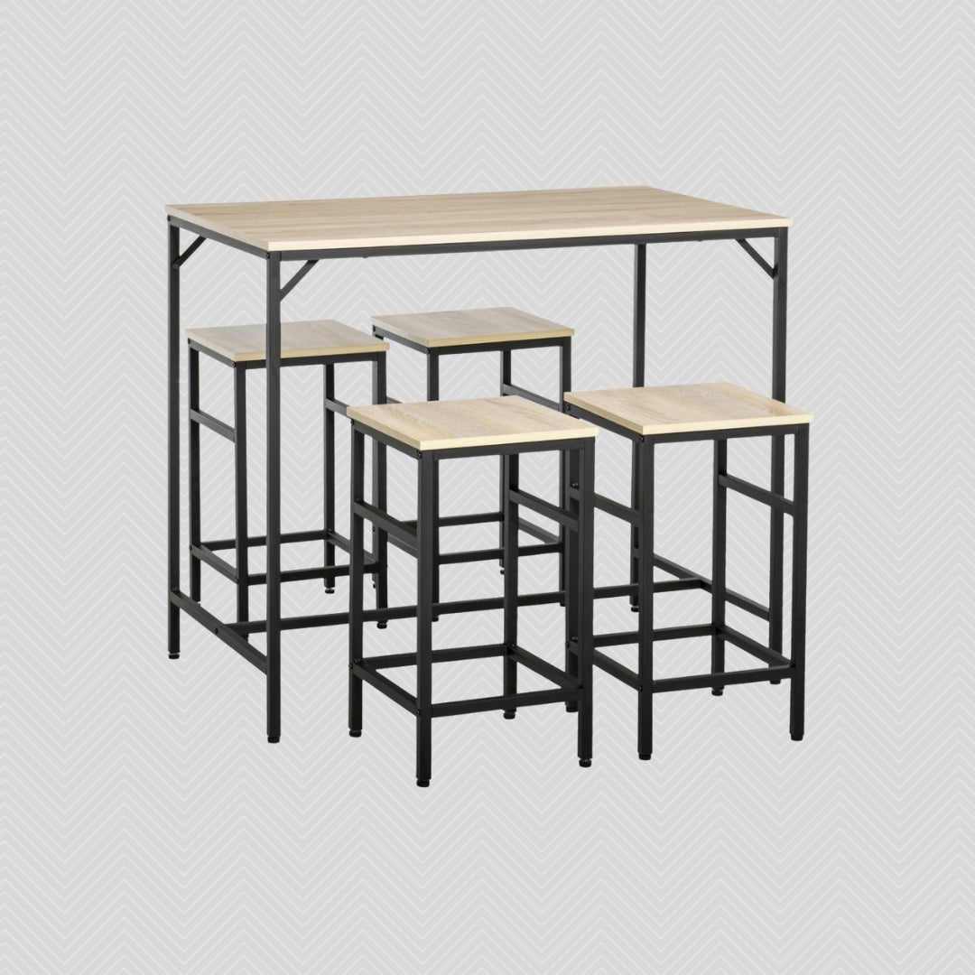 5-teiliges Bartisch-Set Eiche/Schwarz – Stehtisch & 4 Hocker, Platzsparend (100x60 cm)