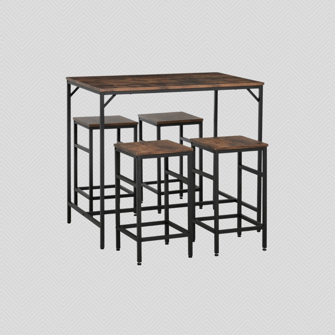 5-teiliges Bartisch-Set Rustikal-Braun/Schwarz – Stehtisch & 4 Hocker, Platzsparend (100x60 cm)