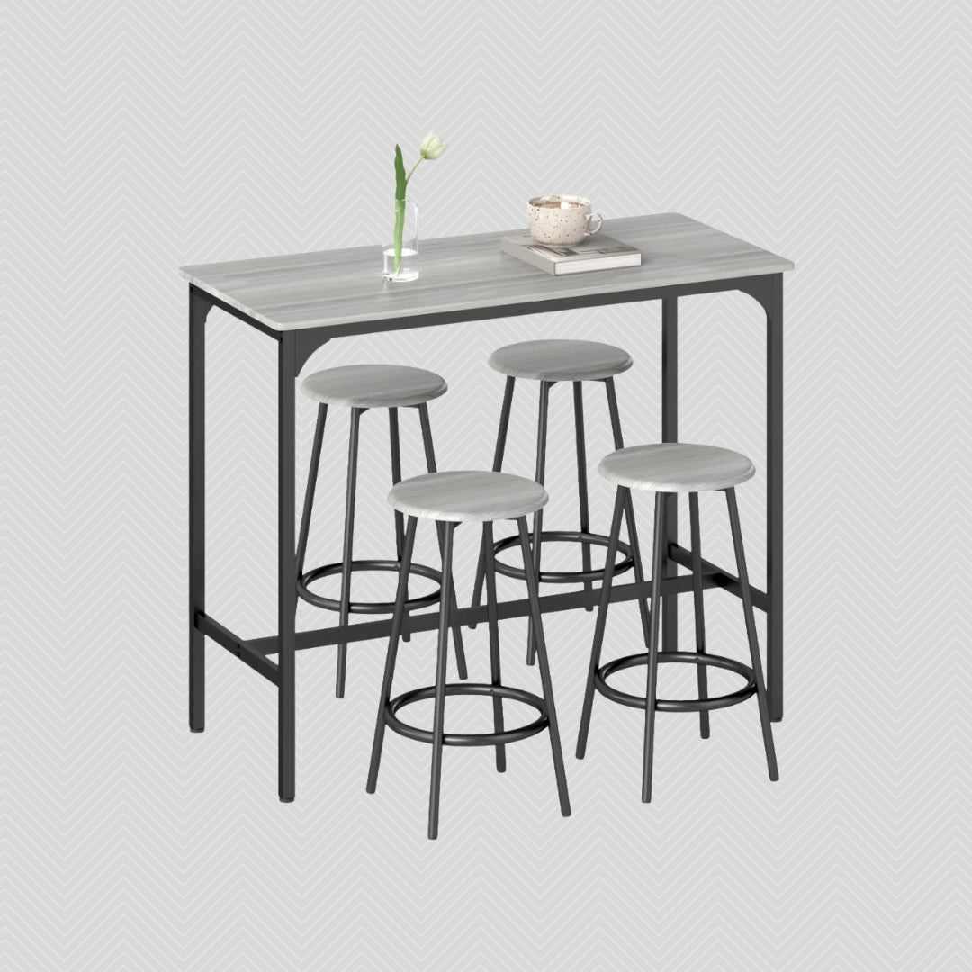 5-tlg. Bartisch-Set Industriedesign Grau – Küchentresen & 4 Barhocker (110x50 cm), Kompakt