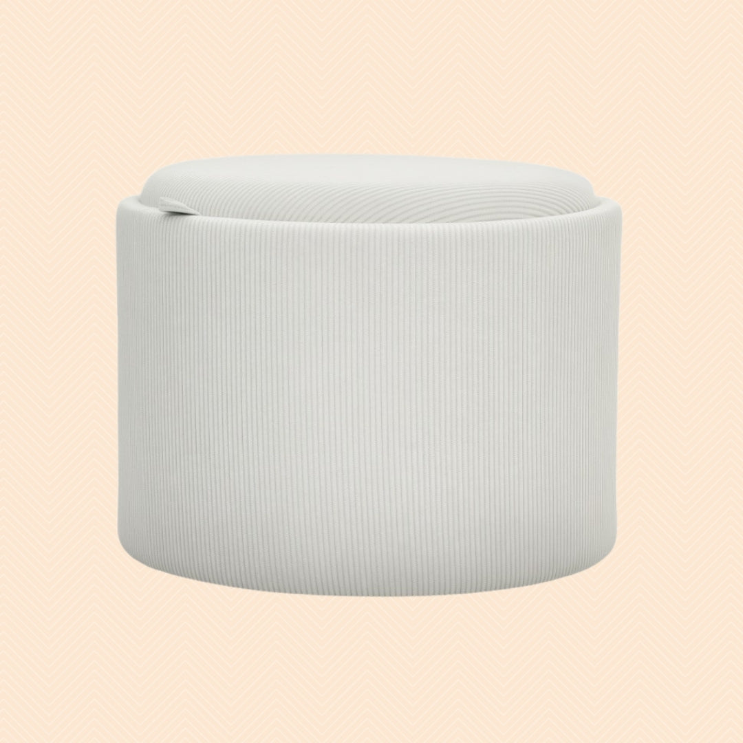 Aufbewahrungshocker Cremeweiß Cordstoff – Runde Ottomane mit Stauraum und Tablett-Deckel