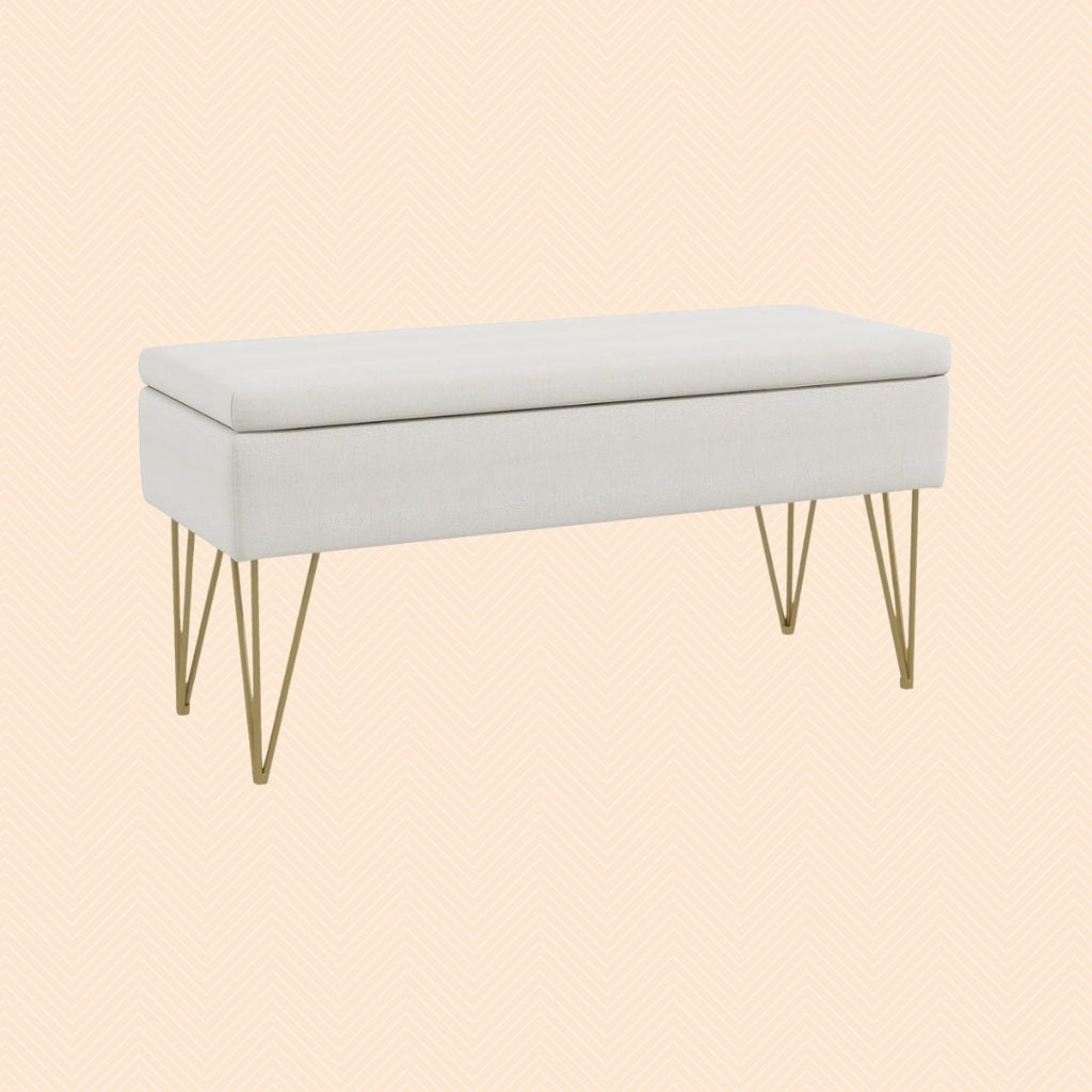 Bettbank mit Stauraum Creme (100 cm) – Leinenoptik Sitzbank mit Goldenen Haarnadelbeinen
