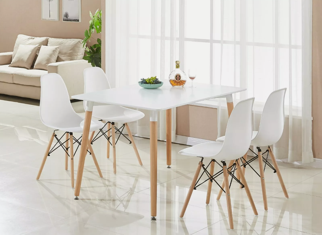 Skandinavisches Design 4-Personen Essgruppe - Rechteckiger Tisch & Weiße Stühle