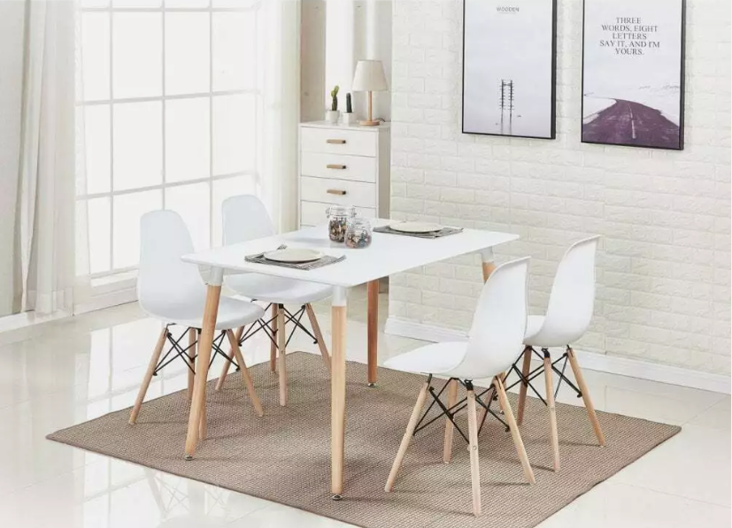 Skandinavisches Design 4-Personen Essgruppe - Rechteckiger Tisch & Weiße Stühle