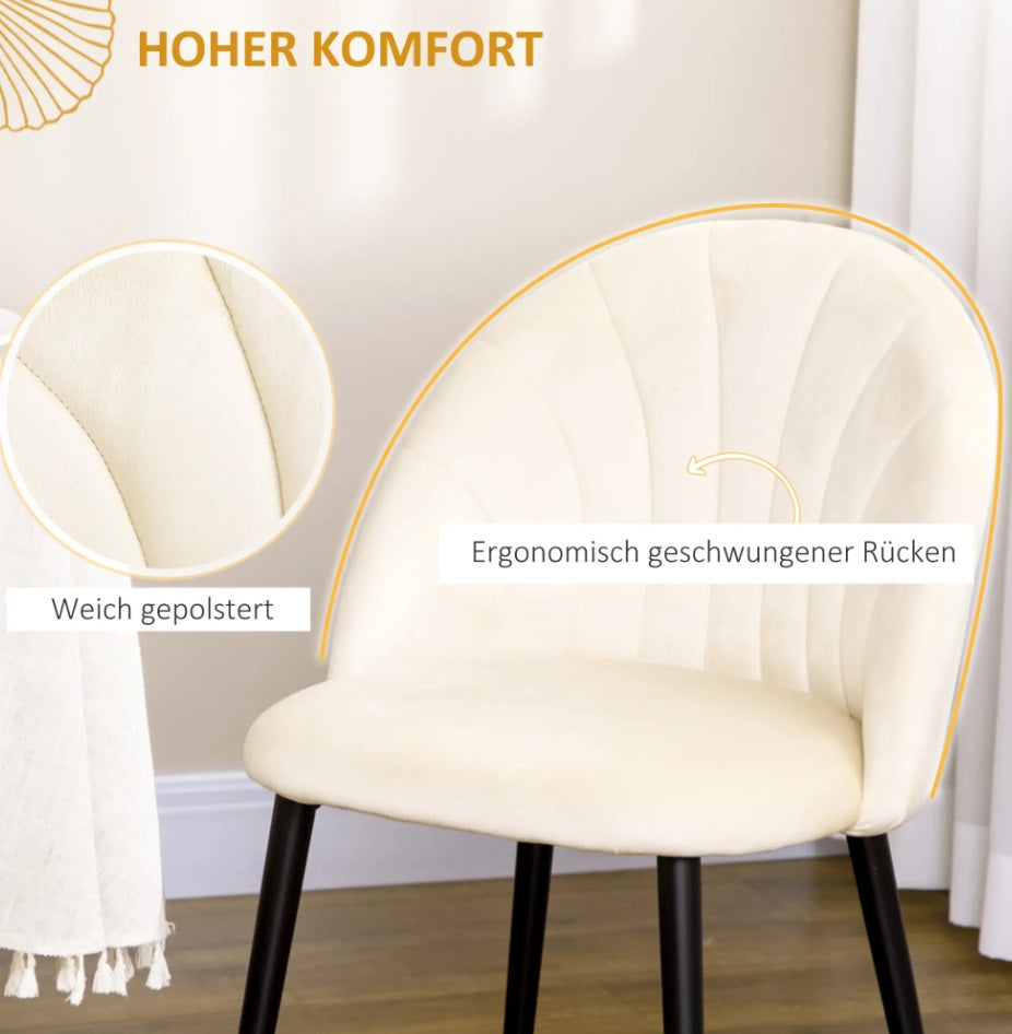2er Set Esszimmerstühle Samtoptik – Muschel Design Creme | Metallbeine