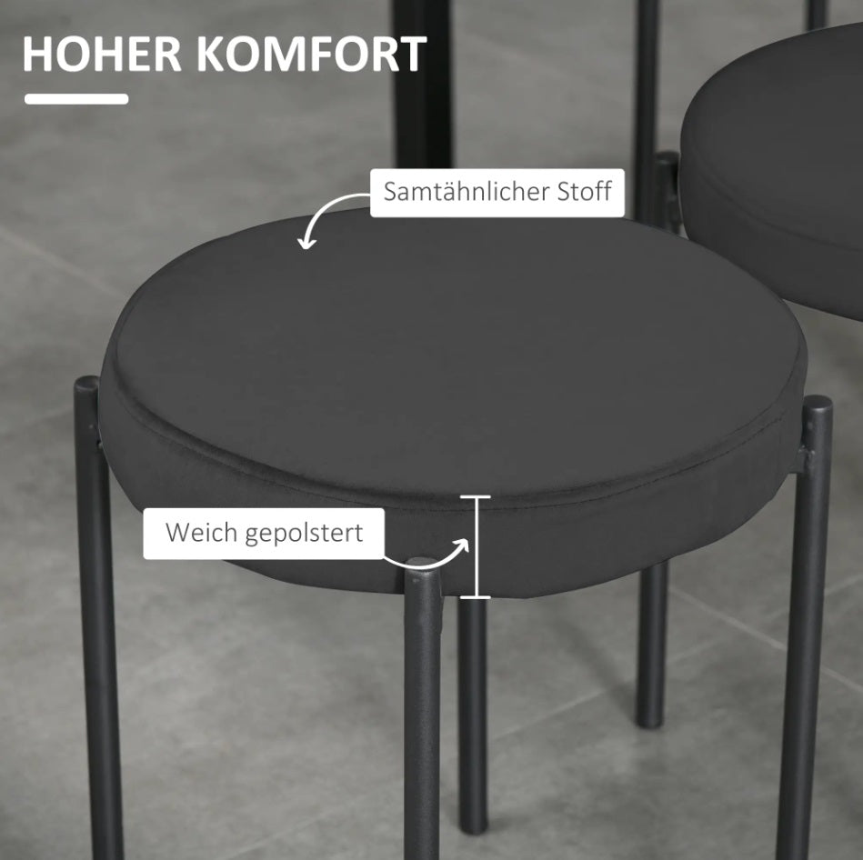 4er Set Stapelhocker Schwarz Samt – Platzsparende Hocker für Küche & Accent