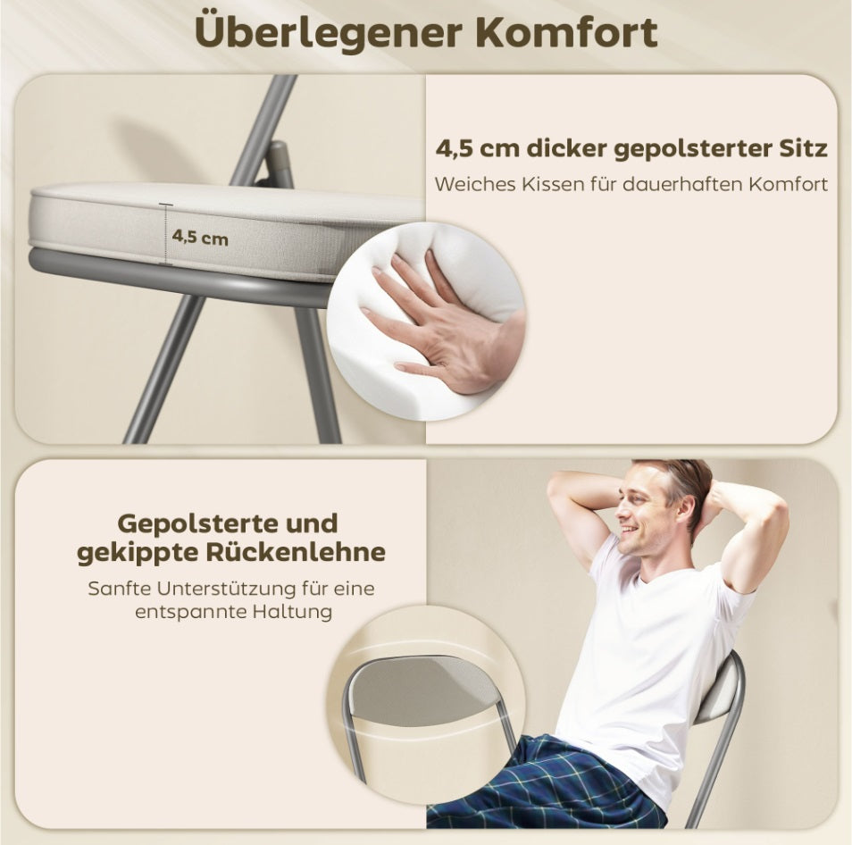 4er Set Klappstühle Cremeweiß – Gepolsterte Faltbare Gaststühle mit Cordbezug & Metallrahmen (Tragkraft 120 kg)