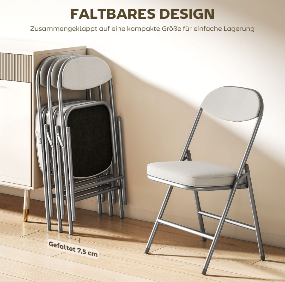 4er Set Klappstühle Cremeweiß – Gepolsterte Faltbare Gaststühle mit Cordbezug & Metallrahmen (Tragkraft 120 kg)