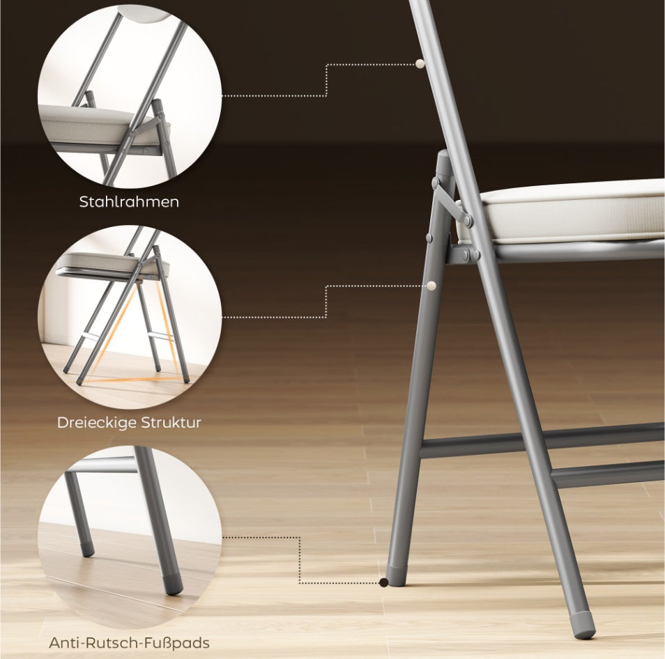 4er Set Klappstühle Cremeweiß – Gepolsterte Faltbare Gaststühle mit Cordbezug & Metallrahmen (Tragkraft 120 kg)