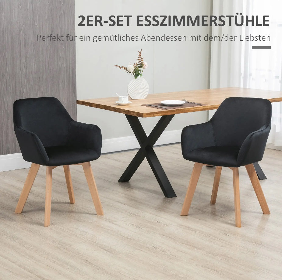 2er Set Armlehnstühle Samt Schwarz – Holzbeine Natur | Ergonomisch & Elegant