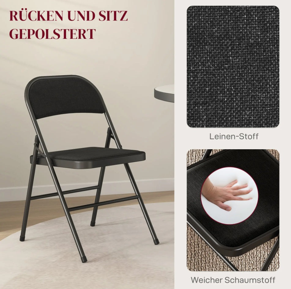 4er Set Klappstühle Schwarz – Gepolsterte Faltstühle mit Leinen-Optik Bezug
