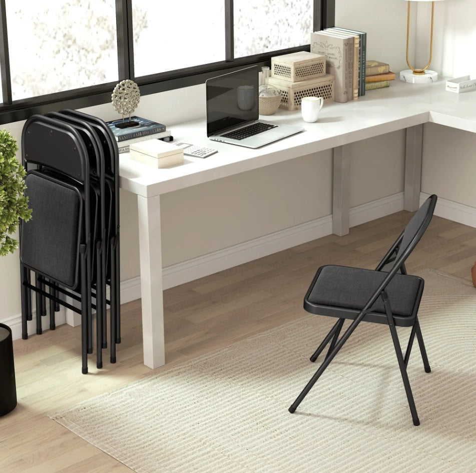 4er Set Klappstühle Schwarz – Gepolsterte Faltstühle mit Leinen-Optik Bezug