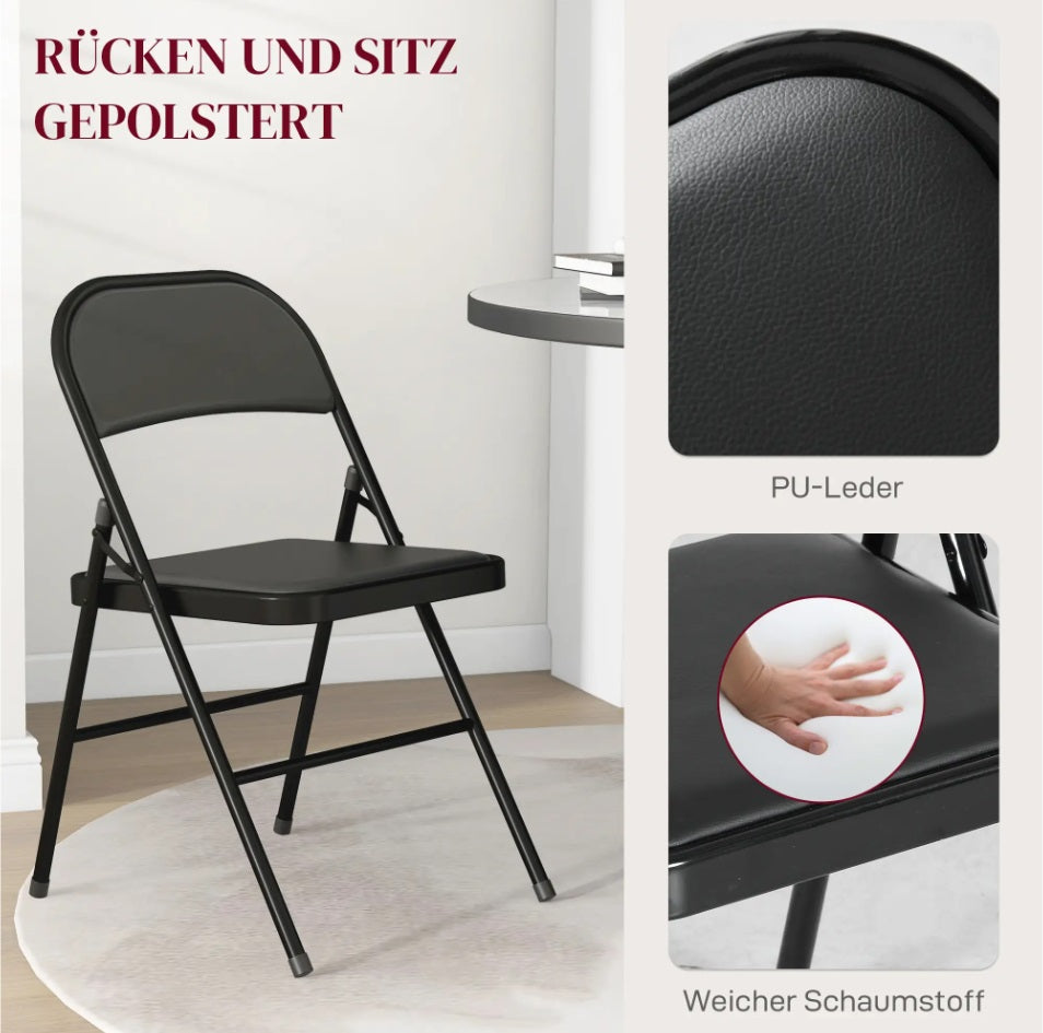 4er Set Klappstühle Schwarz - Robuste Faltstühle mit Kunstleder Bezug | Pflegeleicht