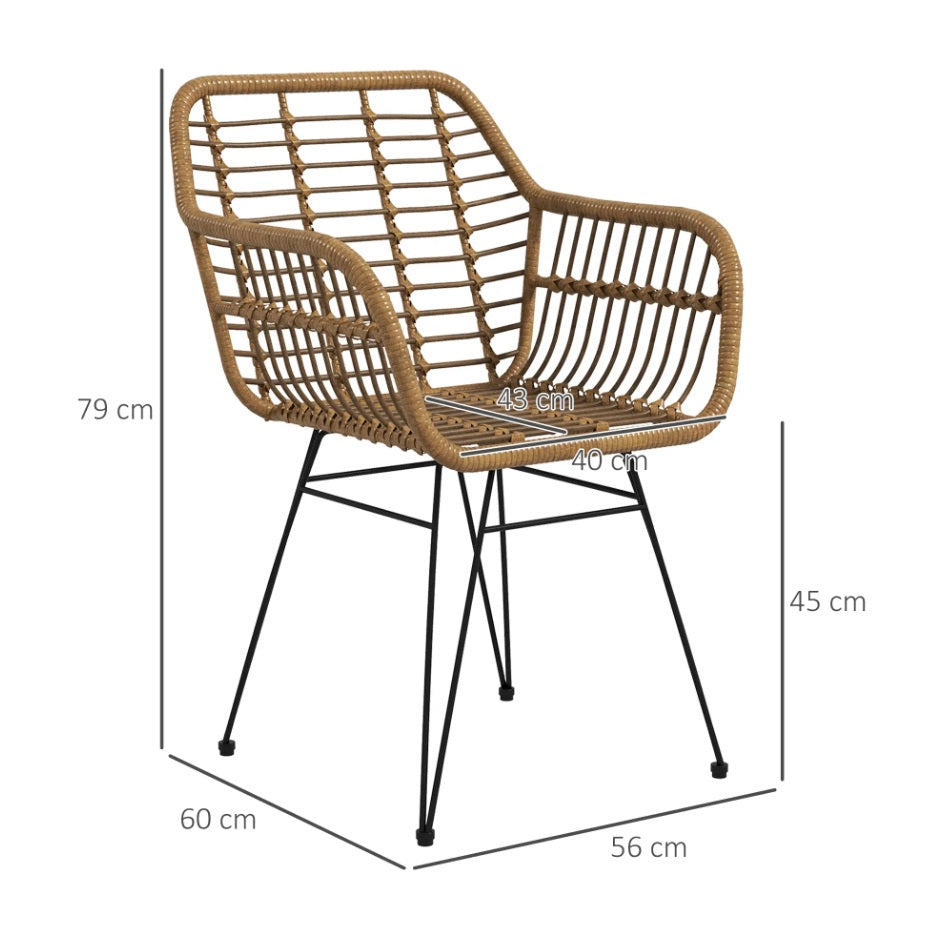 2er Set Esszimmerstühle Boho-Stil – PE-Rattan in Natur mit Schwarzen Metallbeinen