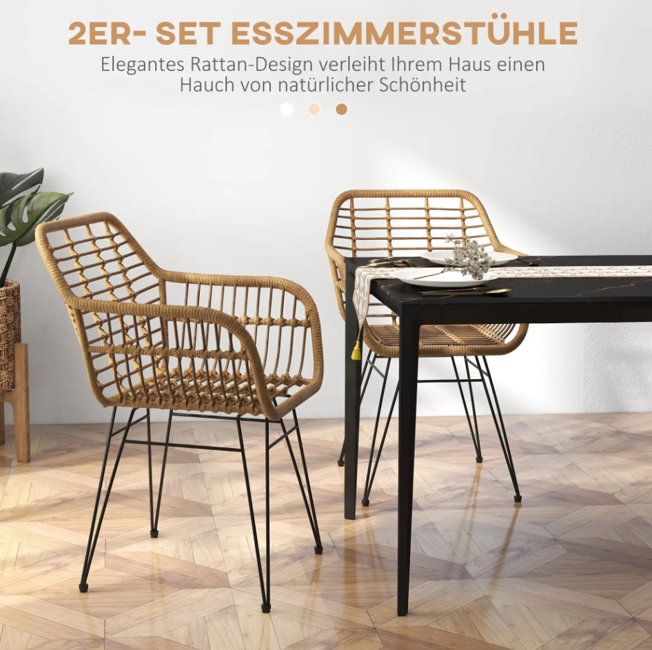 2er Set Esszimmerstühle Boho-Stil – PE-Rattan in Natur mit Schwarzen Metallbeinen