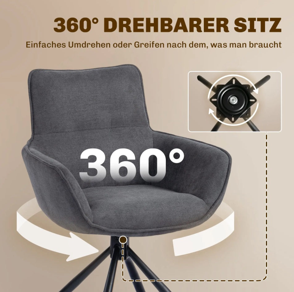 2er Set Esszimmer Drehstühle Dunkelgrau Samtoptik – 360° Drehbar & Ergonomische Armlehnen