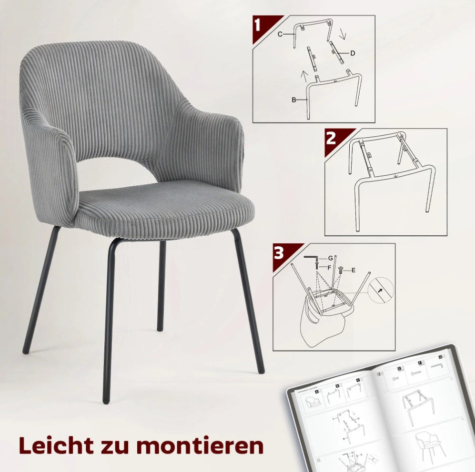 Esszimmerstuhl Cord Grau – Ergonomische Schalenform mit Armlehnen | Modernes Design
