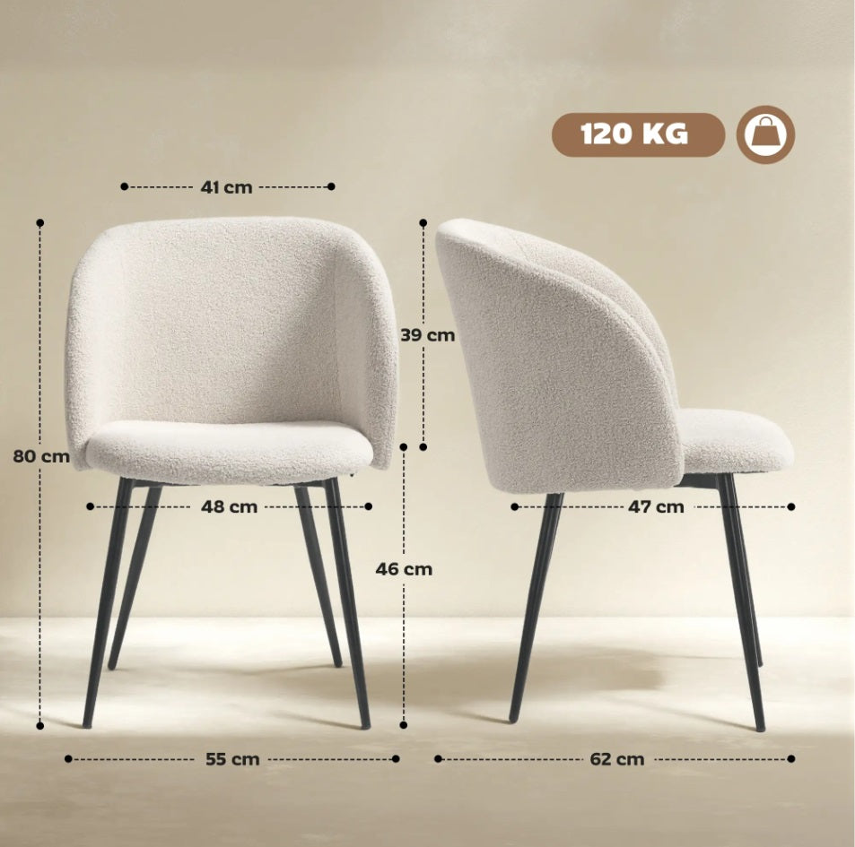 2er Set Esszimmerstühle in Lammwoll-Optik Cremeweiß – Moderne Polsterstühle mit Stahlbeinen