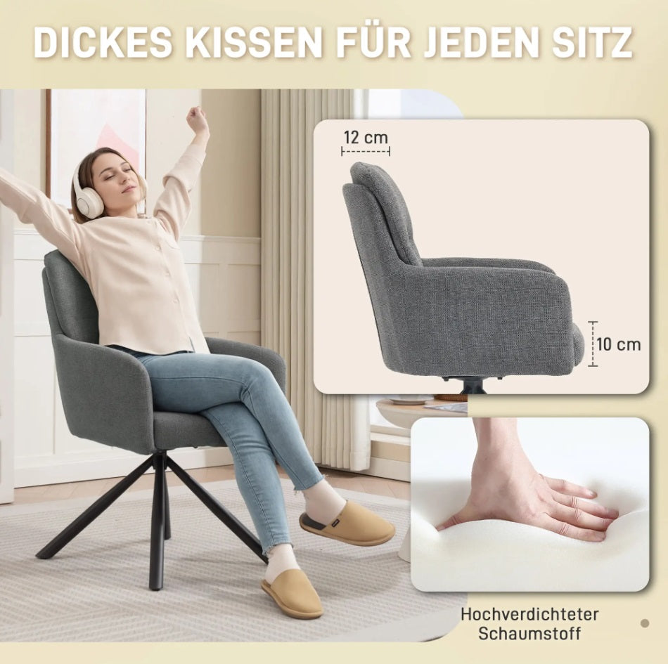 Gepolsterter Esszimmer Drehstuhl Grau – 360° Funktion, 10 cm Dicke Polsterung & Leinen-Optik