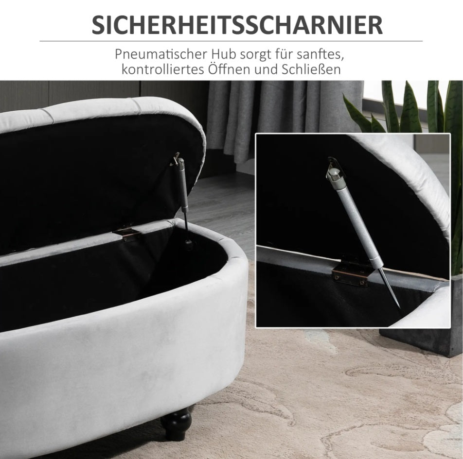 Sitztruhe mit Stauraum in Samtoptik Grau – Gepolsterte Aufbewahrungsbank mit Soft-Close Deckel (120 cm)