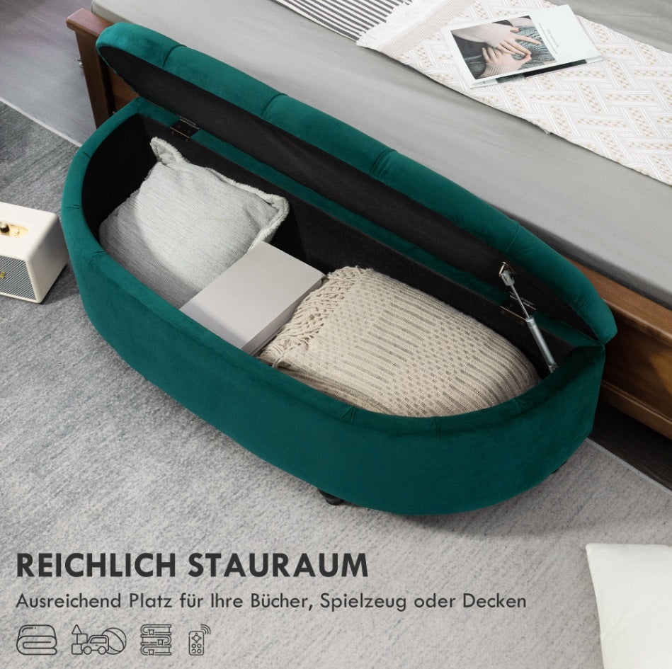 Sitztruhe mit Stauraum in Samtoptik Dunkelgrün – Gepolsterte Aufbewahrungsbank mit Soft-Close Deckel (120 cm)