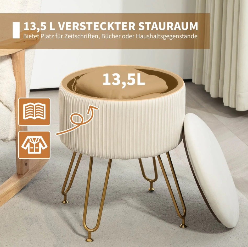 2-in-1 Aufbewahrungshocker Cremeweiß Samtoptik – Runder Fußhocker mit Tablett/Beistelltisch Funktion