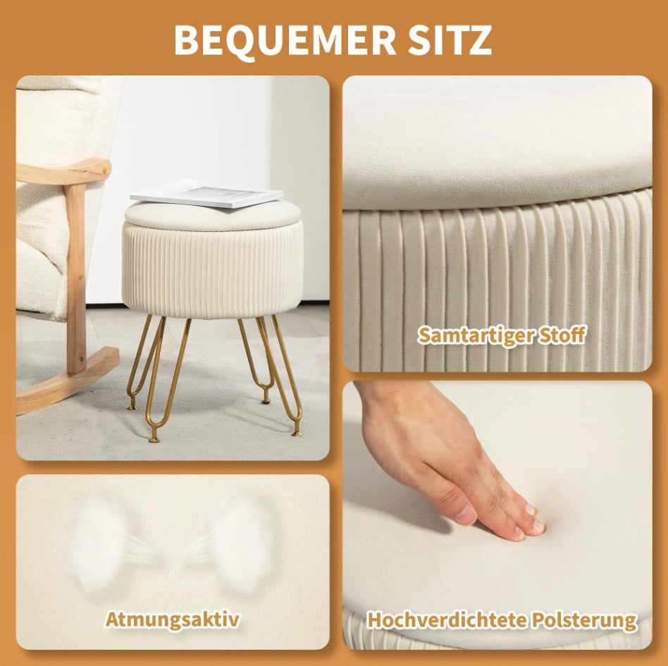 2-in-1 Aufbewahrungshocker Cremeweiß Samtoptik – Runder Fußhocker mit Tablett/Beistelltisch Funktion