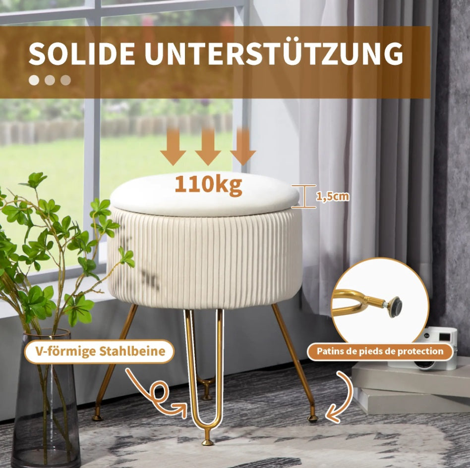 2-in-1 Aufbewahrungshocker Cremeweiß Samtoptik – Runder Fußhocker mit Tablett/Beistelltisch Funktion