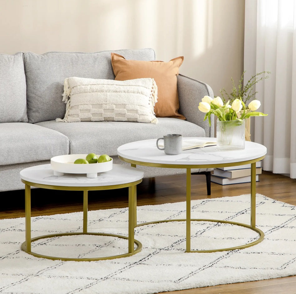 2er Beistelltisch-Set Weiß Marmor-Optik – Runde Satztische (Ø74/Ø59 cm) mit Gold-Stahlrahmen