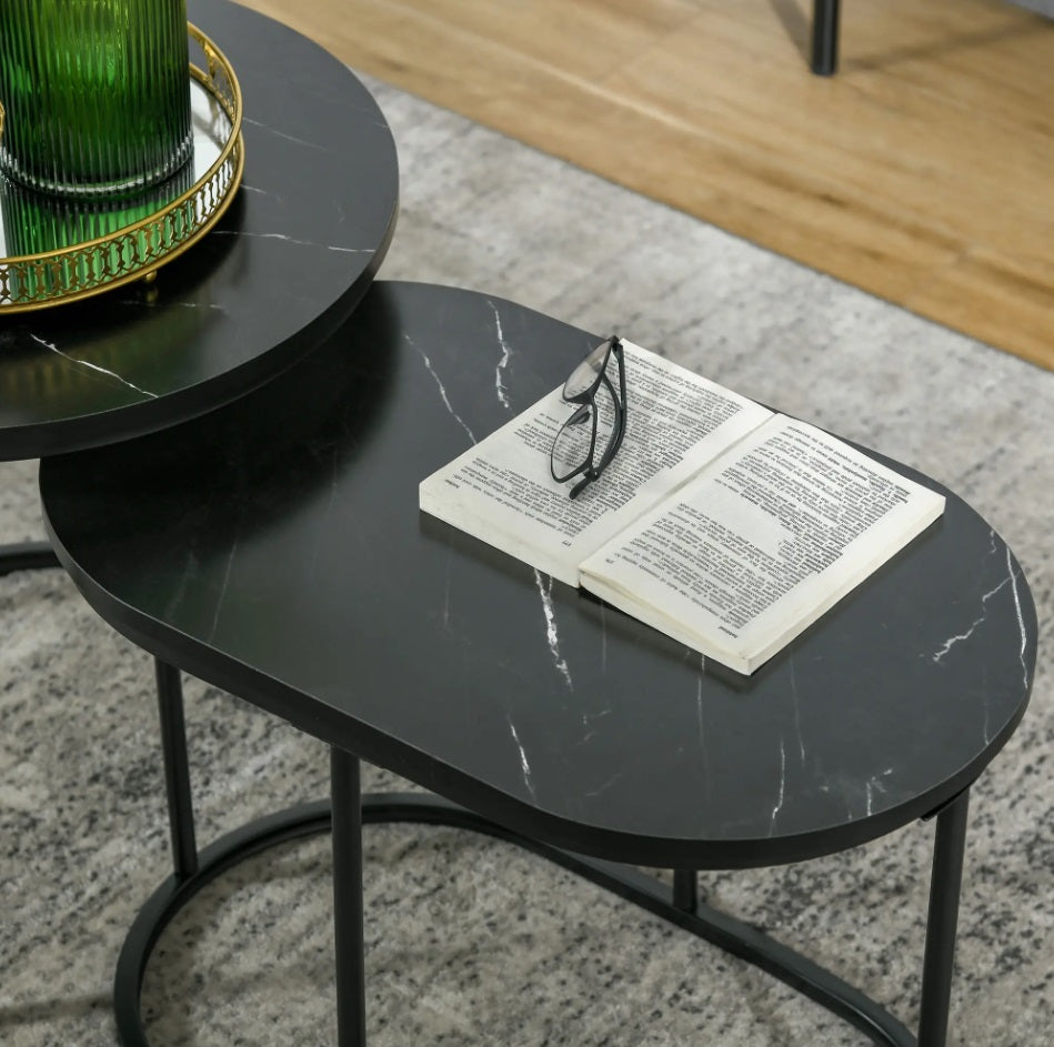 2er Couchtisch-Set Schwarz – Runder & Ovaler Satztisch in Marmor-Optik, stapelbar