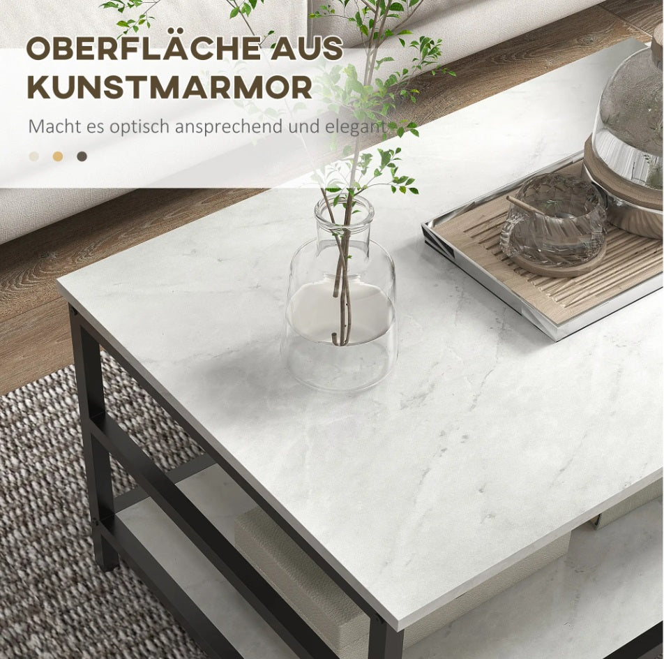 Couchtisch 2er-Set Schwarz/Weiß – Runder & Rechteckiger Beistelltisch in Marmor-Optik mit Ablage