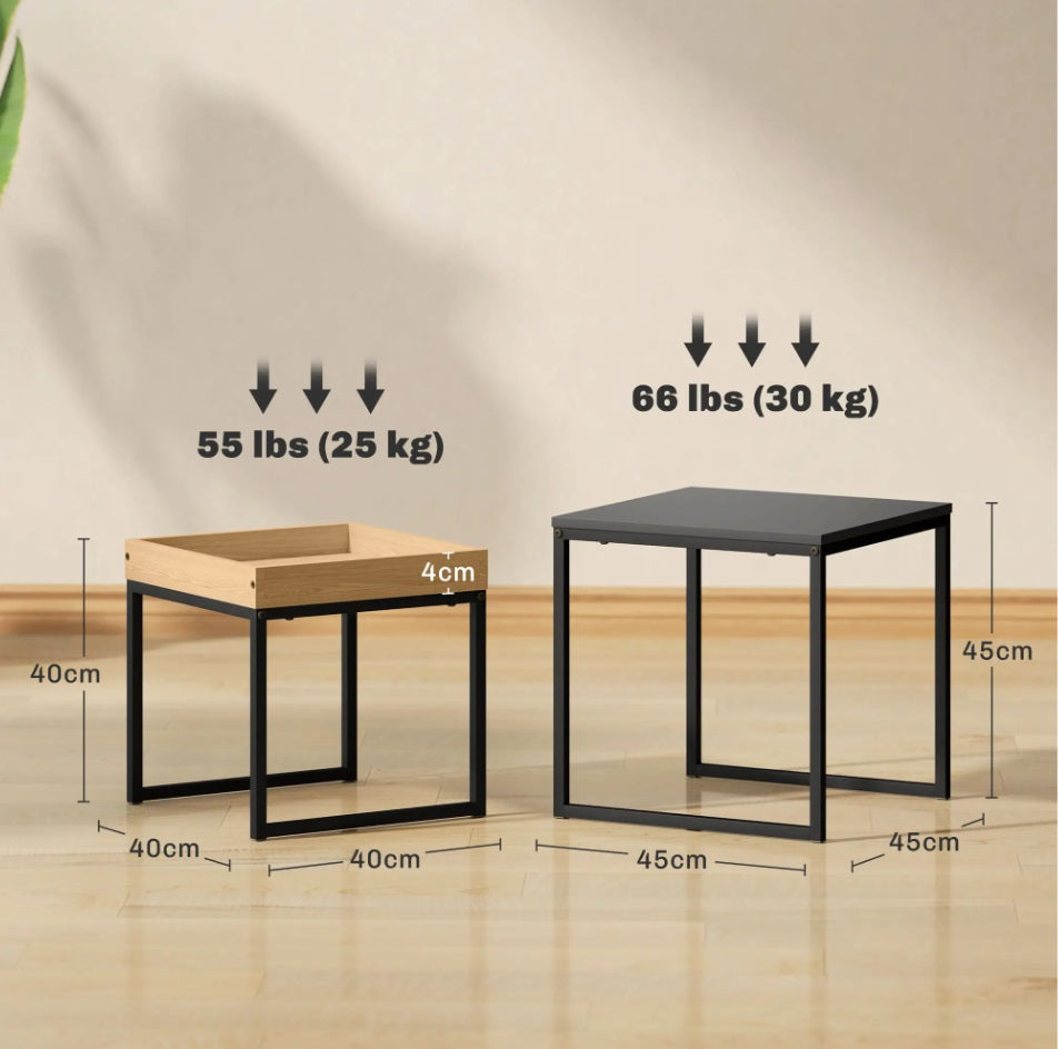 2er Couchtisch-Set Schwarz – Moderne Quadratische Sofatische (45/40 cm) Ineinanderstellbar
